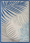 Close-up of the Liberal Area Rug featuring a blue, aqua, and gray palm leaf pattern on a cream background. Design-Rectangle-5373
