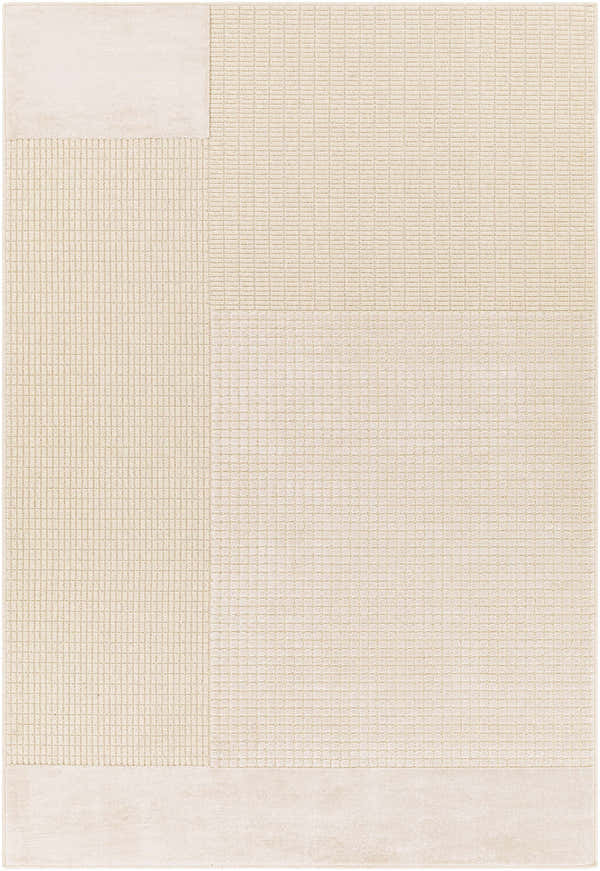 Close-up of the Lice Area Rug, a contemporary rug with a grid-like pattern in neutral cream tones. Machine woven texture. Design-Rectangle-5373