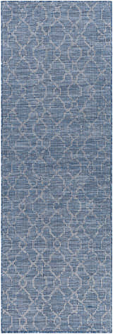 Close-up of the Lidlington Flatweave Area Carpet. Blue and dark blue polypropylene rug with a contemporary geometric pattern. Design-Runner