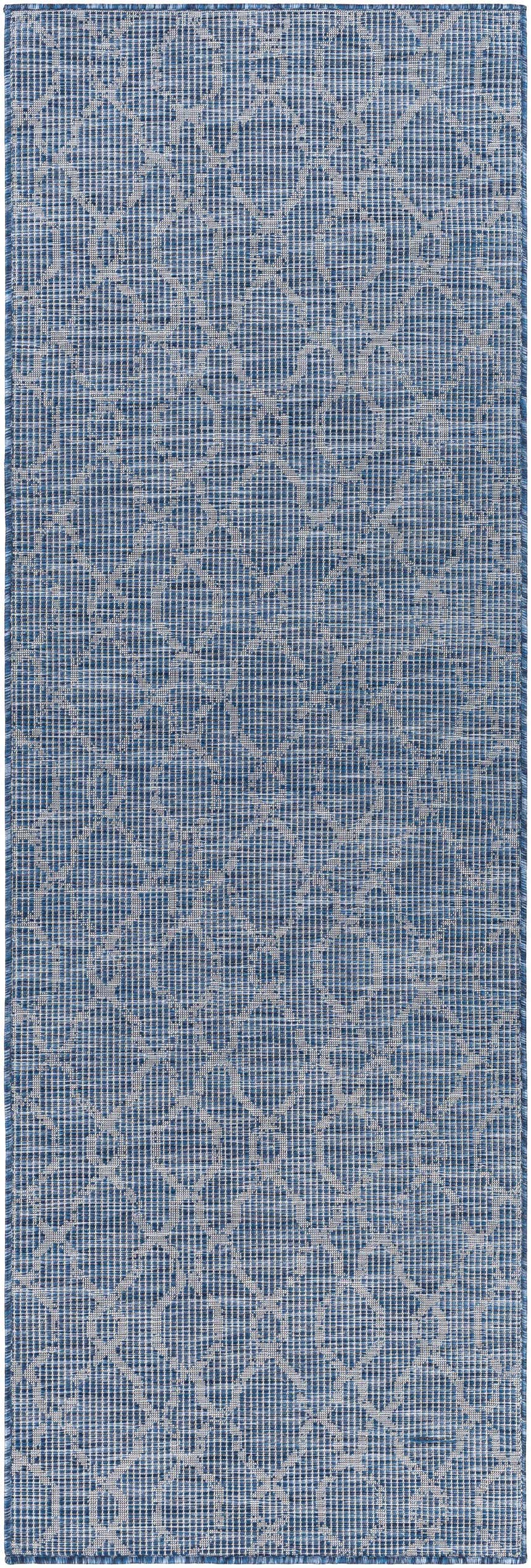 Close-up of the Lidlington Flatweave Area Carpet. Blue and dark blue polypropylene rug with a contemporary geometric pattern. Design-Runner