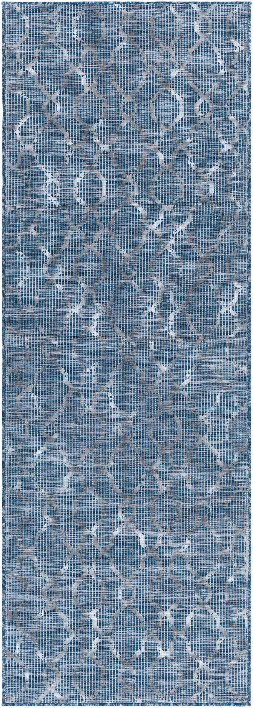 Close-up of the Lidlington Flatweave Area Carpet. Features a geometric pattern in blue and dark blue hues. Design-Runner-2773