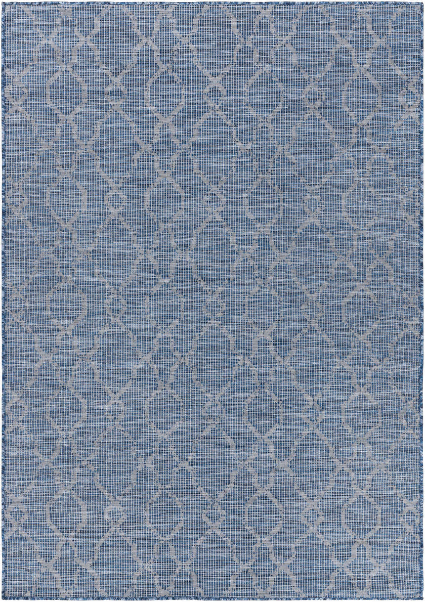Close-up of the Lidlington Flatweave Area Carpet in blue. Features a contemporary geometric pattern and flat texture. Design-Rectangle-537