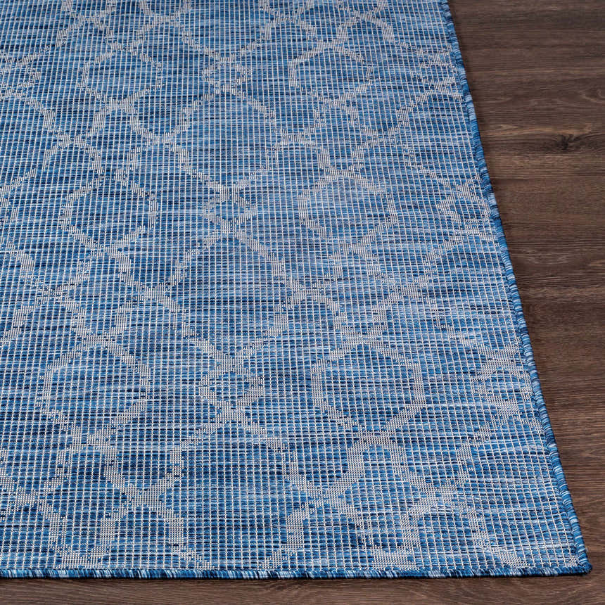 Close-up of the blue Lidlington Flatweave Area Carpet showing its geometric pattern and flatweave texture on a wood floor. Front