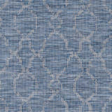 Close-up of the Lidlington Flatweave Area Carpet. Blue and dark blue polypropylene rug with a subtle geometric pattern. Swatch