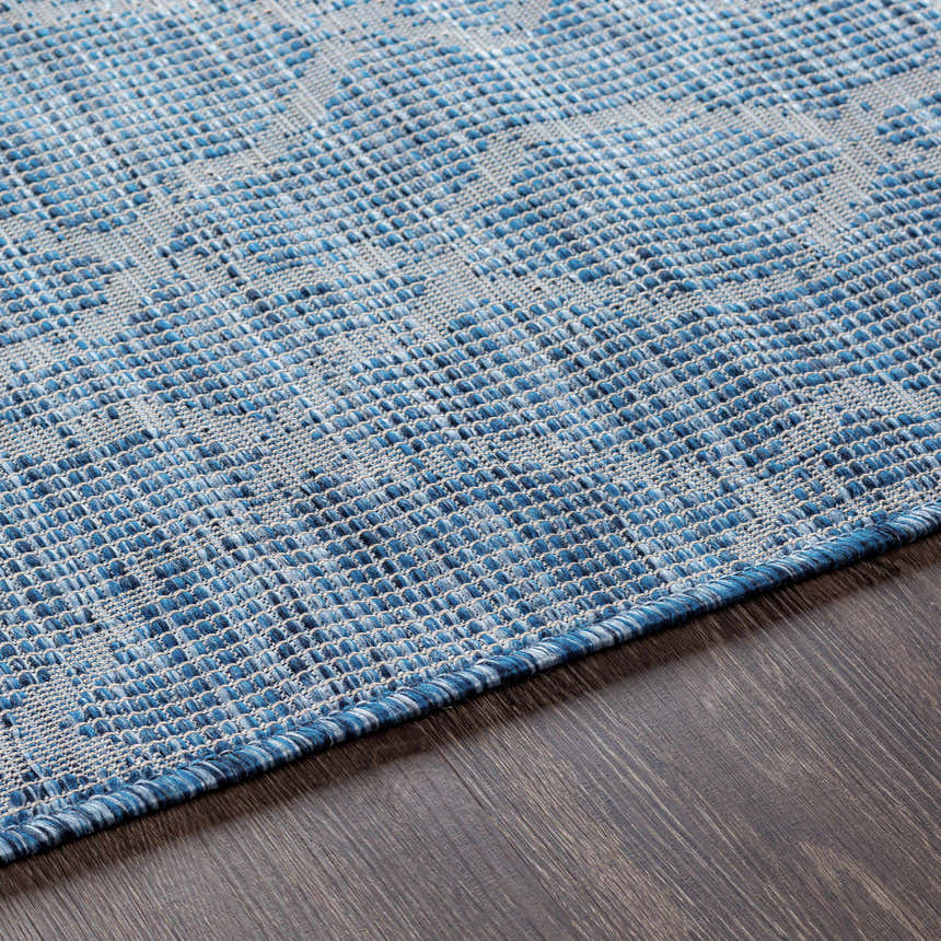 Close-up of the blue Lidlington Flatweave Area Carpet showing its woven texture and geometric pattern. Texture