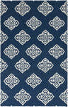 Close-up of the Lightfoot Area Rug. Navy wool rug with a repeating ivory geometric diamond pattern. Design-Rectangle-58