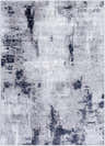 Close-up of the Limao Abstract Denim Area Rug, featuring a modern abstract design in denim, gray, and cream tones. Design-Rectangle-5373
