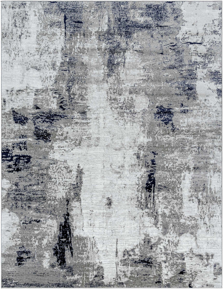 Close-up of the Limao Abstract Denim Area Rug, featuring a contemporary design in denim, silver, and gray tones. Design-Rectangle-710103