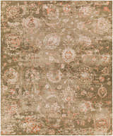 Close-up of the Limay Premium Wool Rug. Hand-knotted rug with a floral pattern in olive, taupe, beige, and coral tones. Design-Rectangle-810