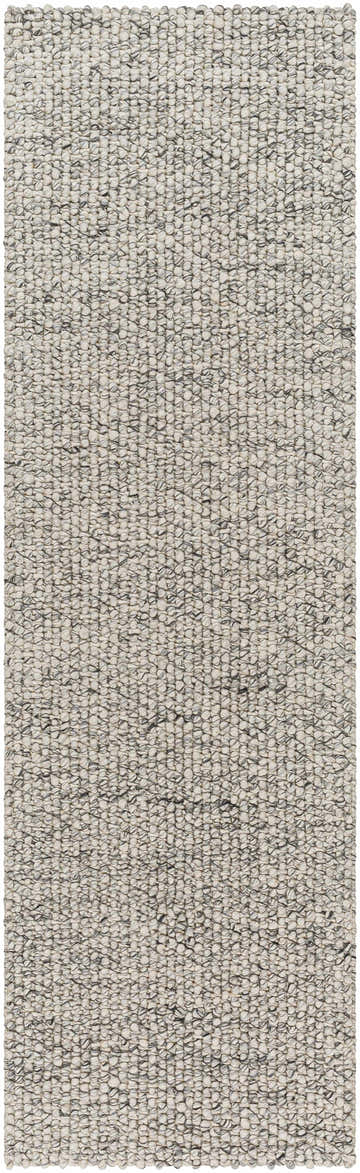 Close-up of the hand-woven Lucerne LNE-1001 Gray Wool Rug, showing its chunky, textured weave in charcoal and ivory. Design-Runner-268