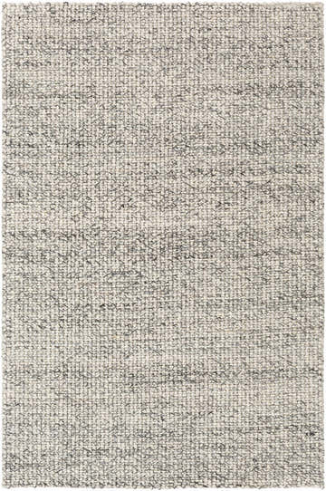 Close-up of the hand woven Lucerne LNE-1001 Gray Wool Rug, showing its charcoal and ivory colors and textured wool blend. Design-Rectangle-576