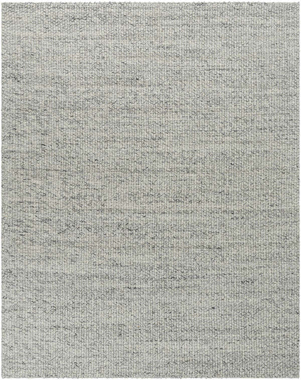 Close-up of the hand woven Lucerne LNE-1001 Gray Wool Rug, showing charcoal and ivory color and natural fiber texture. Design-Rectangle-810