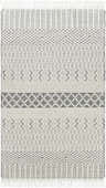 Close-up of the hand woven Limoges Area Carpet. Black geometric patterns on cream wool, with fringe. Contemporary style. Design-Rectangle-576