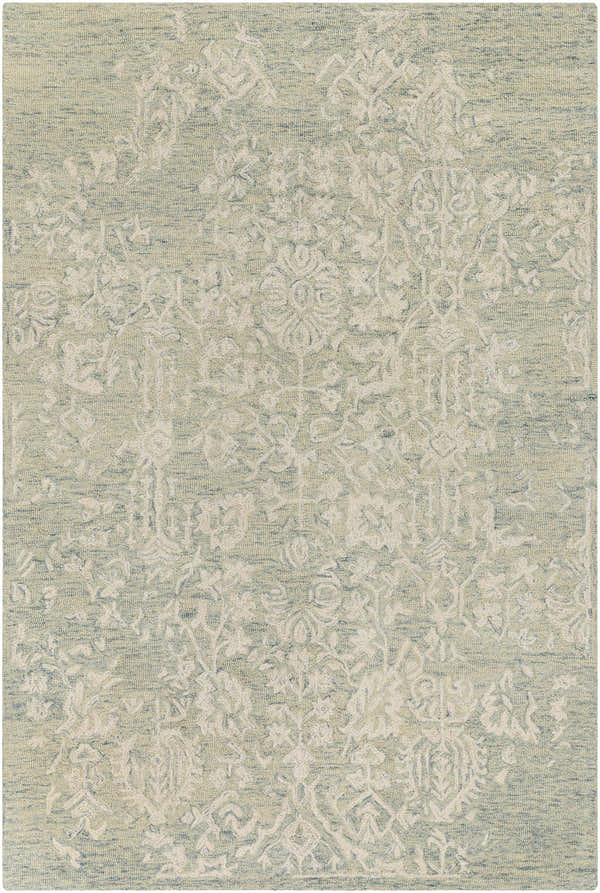 Close-up of the Linabuan Modern Wool Rug. Cream and light green rug with a traditional, hand-tufted pattern. Wool texture. Design-Rectangle-576