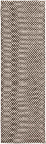 Close-up of the Lingo Brown Trellis Flatweave Rug. Hand-woven wool rug with a dark brown and oatmeal diamond trellis pattern. Design-Runner-268