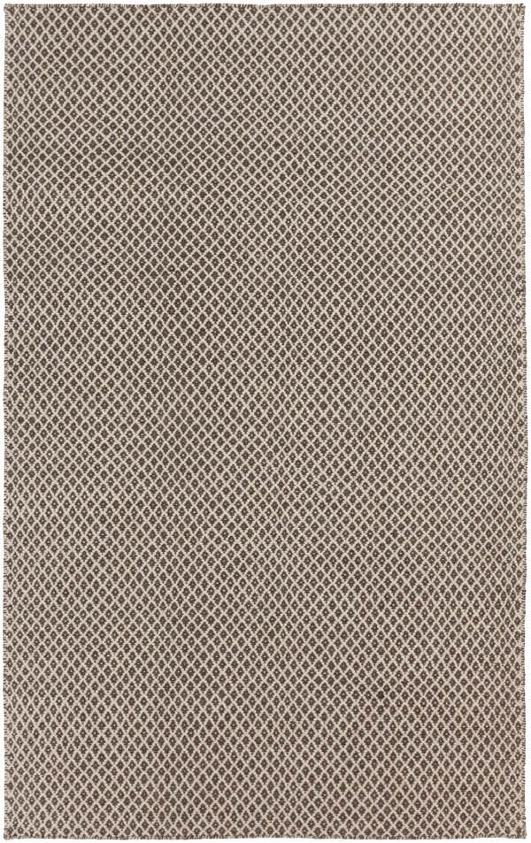 Close-up of the Lingo Brown Trellis Flatweave Rug, featuring a dark brown and oatmeal diamond pattern. Design-Rectangle-58