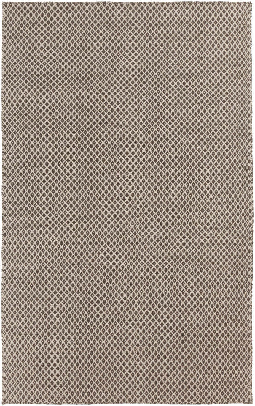Close-up of the Lingo Brown Trellis Flatweave Rug, featuring a dark brown and oatmeal diamond pattern. Design-Rectangle-58
