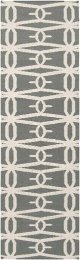 Close-up of the Lipan Area Rug. Hand-woven wool rug in charcoal and ivory with a contemporary geometric pattern. Design-Runner-268