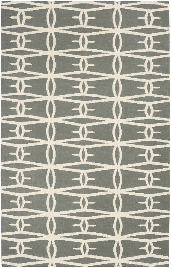 Close-up of the hand woven Lipan Area Rug. Charcoal wool rug with a geometric ivory pattern. Contemporary style. Design-Rectangle-58