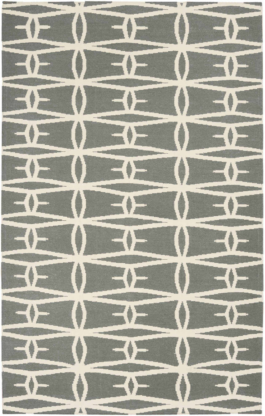 Close-up of the hand woven Lipan Area Rug. Charcoal wool rug with a geometric ivory pattern. Contemporary style. Design-Rectangle-58