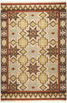 Close-up of the hand woven Liscomb Area Rug. Brown, ivory, mustard, and pale blue geometric pattern. Wool texture. Design-Rectangle-58