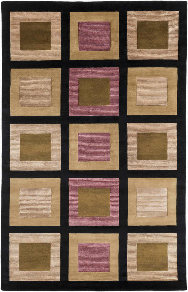 Close-up of the Lismore Premium Wool Carpet. Features a geometric square pattern in dark brown, off white, and onyx black. Design-Rectangle-58