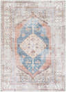 Close-up of the Lake Area Rug - Clearance. Bohemian style rug in light gray, blue, coral, and tan with an oriental-inspired design. Design-Rectangle-5373