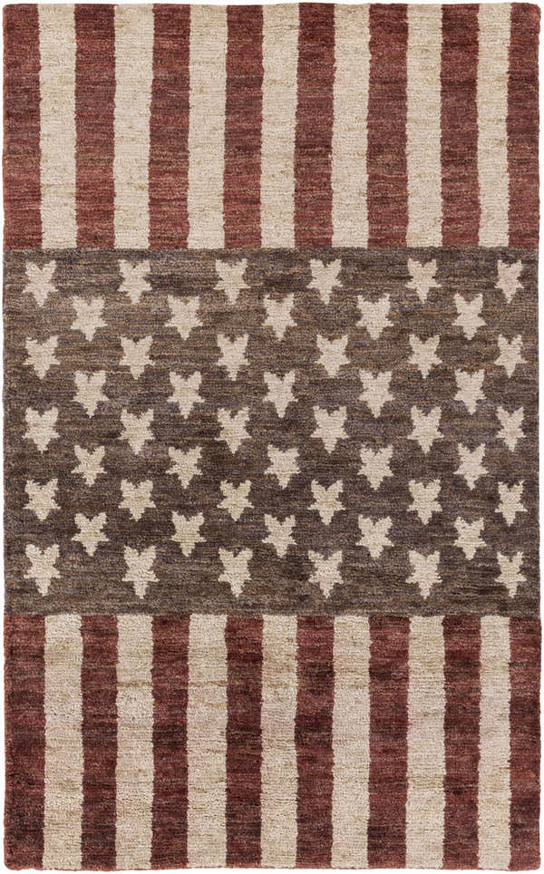 Close-up of the Lakemoor Area Rug. Hand-knotted jute rug with beige, ink blue, medium brown, and rust stripes and star pattern. Design-Rectangle-58