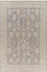 Close-up of the Coby Brown Avant Garde rug. Traditional pattern in brown, charcoal, sage, gray, and teal. Luxe, thick pile. Design-Rectangle-6796