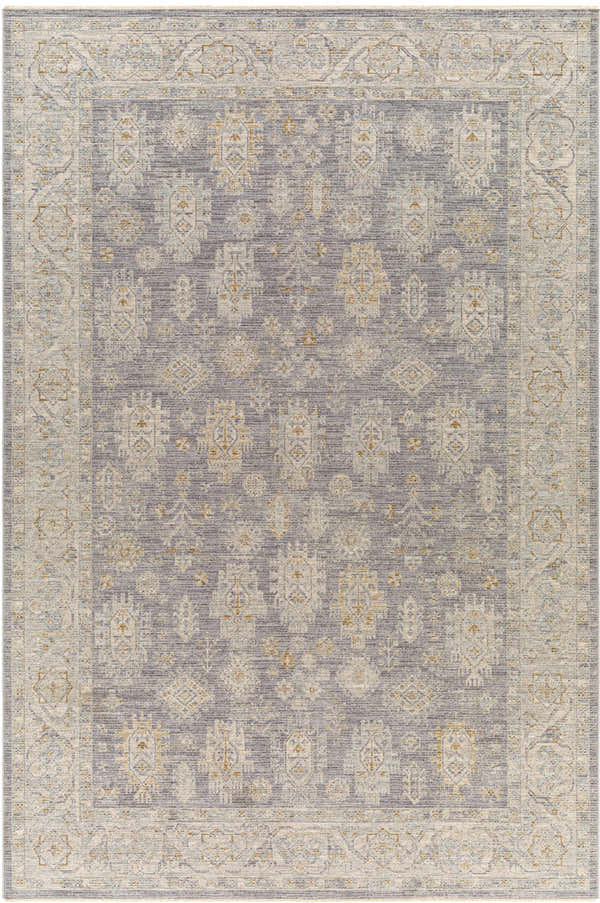 Close-up of the Coby Brown Avant Garde rug. Traditional pattern in brown, charcoal, sage, gray, and teal. Luxe, thick pile. Design-Rectangle-6796