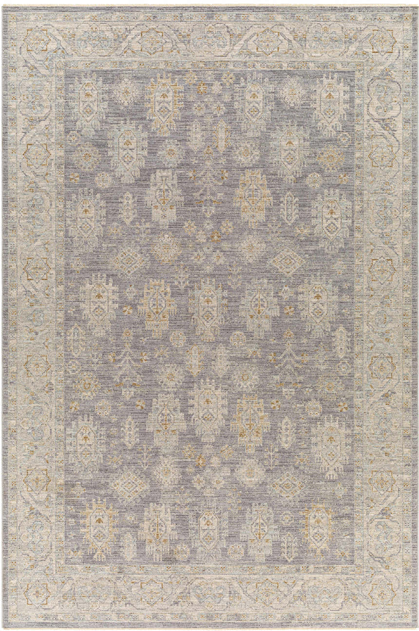 Close-up of the Coby Brown Avant Garde rug. Traditional pattern in brown, charcoal, sage, gray, and teal. Luxe, thick pile. Design-Rectangle-6796