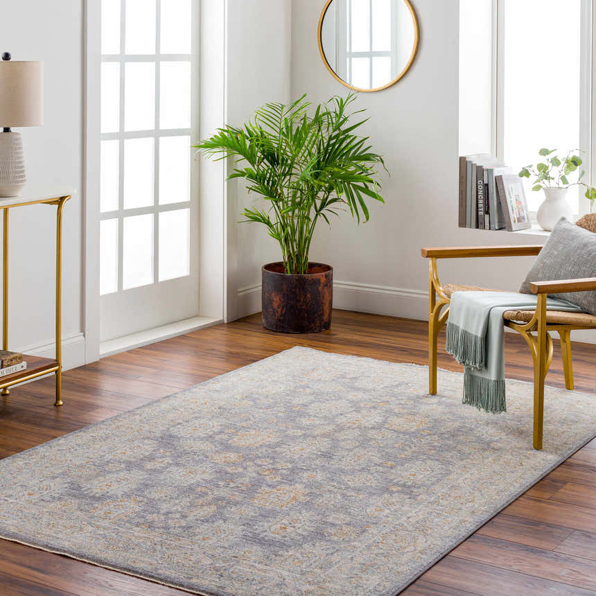 Living room with Coby Brown Avant Garde rug, wood floors, gold accents, and natural light. Farmhouse style. Roomscene-Rectangle