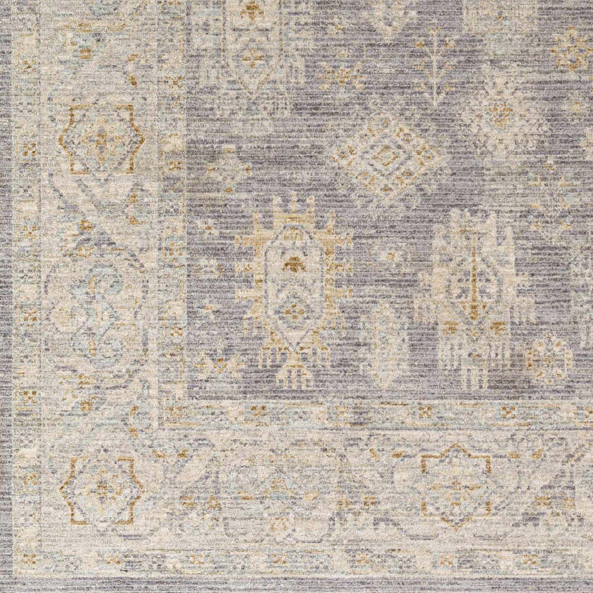 Close-up of the Coby Brown Avant Garde rug, showing its traditional pattern, brown, gray, and dusty sage colors, and thick texture. Swatch