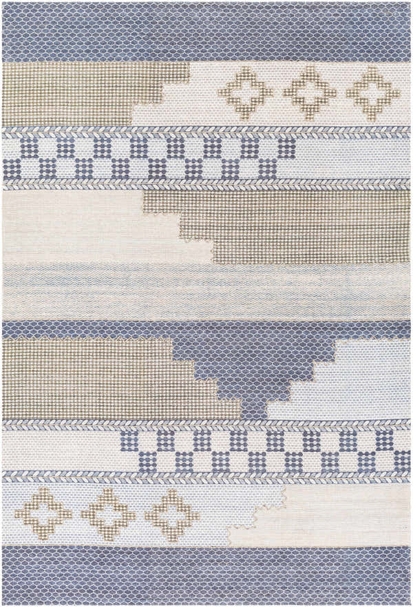 Close-up of the Llansteffan Carpet showcasing its bohemian pattern, hand woven texture, and charcoal, beige, and denim colors. Design-Rectangle-576
