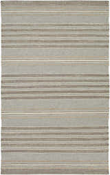 Close-up of the hand woven Allendorf Area Rug. Beige, charcoal, cream, and gray horizontal stripes. Wool rug texture. Design-Rectangle-576