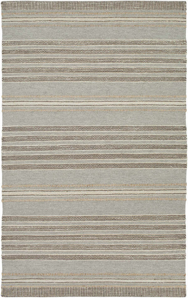 Close-up of the hand woven Allendorf Area Rug. Beige, charcoal, cream, and gray horizontal stripes. Wool rug texture. Design-Rectangle-576