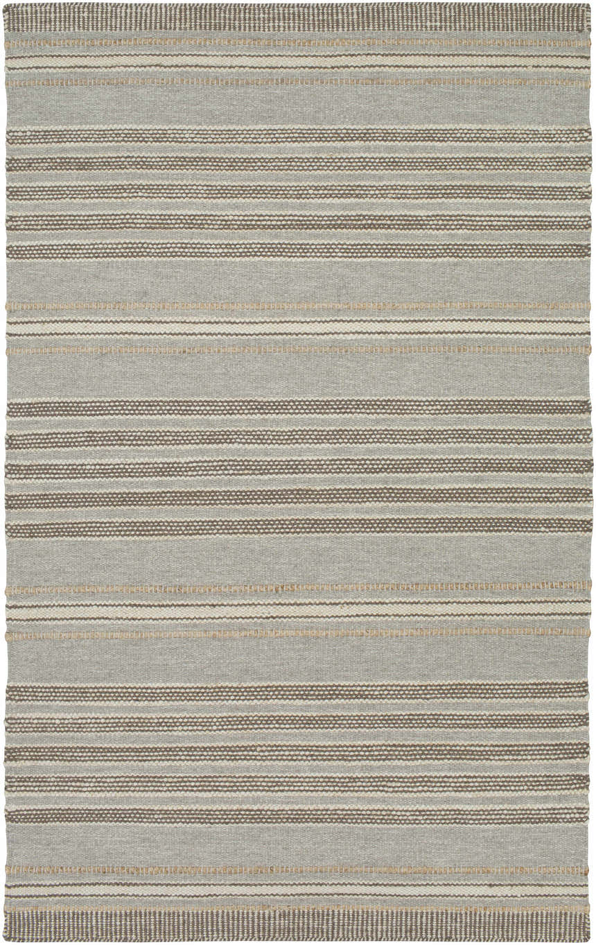 Close-up of the hand woven Allendorf Area Rug. Beige, charcoal, cream, and gray horizontal stripes. Wool rug texture. Design-Rectangle-576