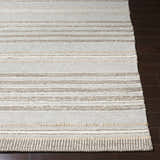Close-up of the hand woven Allendorf Area Rug. Beige, charcoal, cream, and gray stripes. Wool rug texture. Front