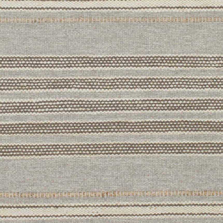 Close-up of the hand woven Allendorf Area Rug. Beige, charcoal, and cream stripes add texture to this wool rug. Swatch