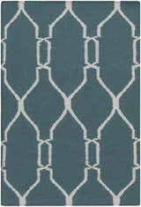 Close-up of the Allenspark Area Rug. Light beige geometric pattern on a medium gray, hand-woven wool rug. Design-Rectangle-23