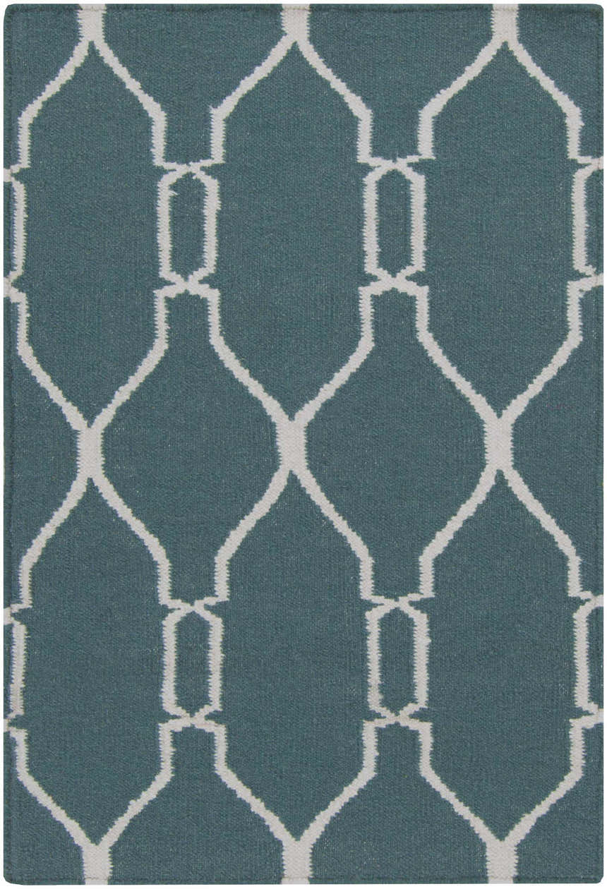 Close-up of the Allenspark Area Rug. Light beige geometric pattern on a medium gray, hand-woven wool rug. Design-Rectangle-23