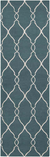 Close-up of the Allenspark Area Rug. Hand-woven wool rug in light beige and medium gray with an Ogee pattern. Design-Runner-268