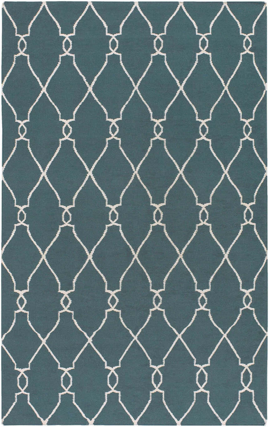 Close-up of the Allenspark Area Rug. Hand-woven wool rug in light beige and medium gray with a geometric trellis pattern. Design-Rectangle-58