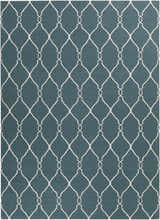 Close-up of the Allenspark Area Rug. Light beige trellis pattern on a medium gray, hand-woven wool rug. Design-Rectangle-811