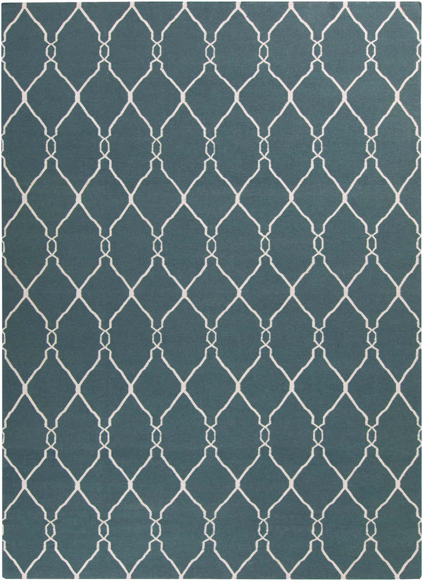 Close-up of the Allenspark Area Rug. Light beige trellis pattern on a medium gray, hand-woven wool rug. Design-Rectangle-811