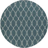 Close-up of round Allenspark Area Rug. Light beige geometric pattern on a medium gray wool rug. Farmhouse style. Design-Round