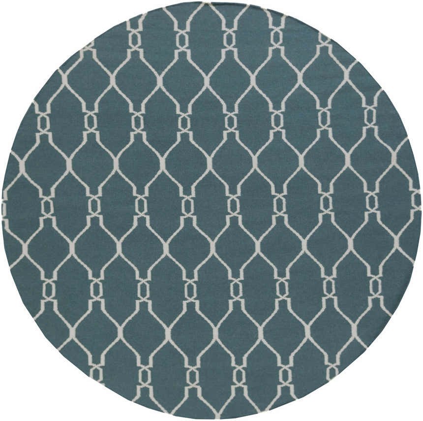 Close-up of round Allenspark Area Rug. Light beige geometric pattern on a medium gray wool rug. Farmhouse style. Design-Round