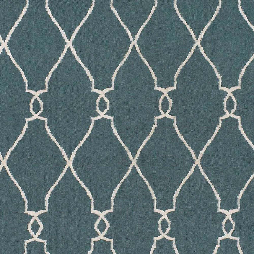 Close-up of the Allenspark Area Rug showing a light beige geometric trellis pattern on a medium gray wool background. Swatch