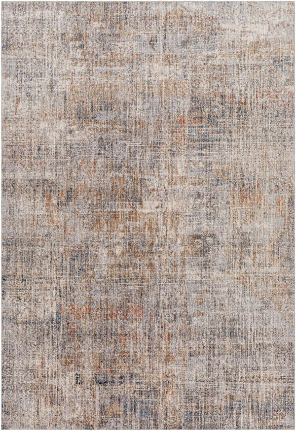 Close-up of the Llorente Area Rug featuring a contemporary design in beige, burnt orange, and charcoal hues. Design-Rectangle-5373