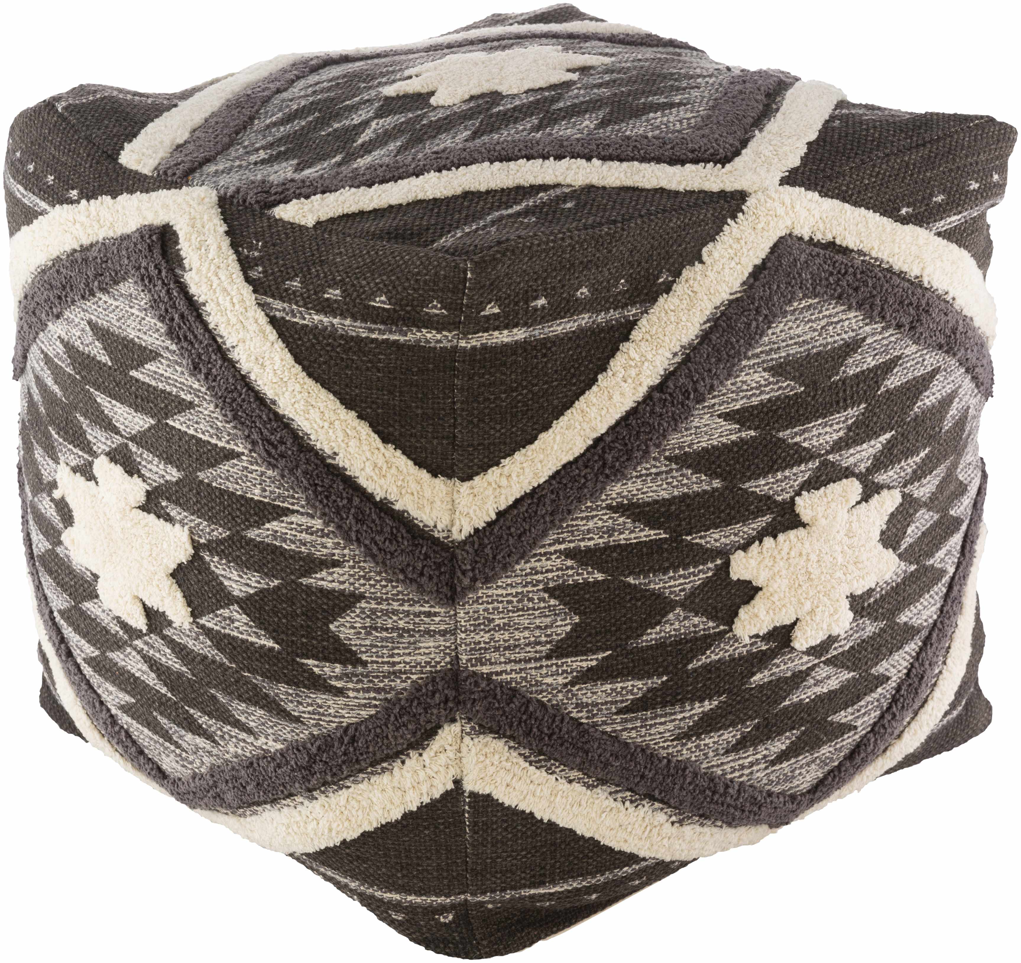 Reverse side of Almondbank Handwoven Beige Cotton Pouf, focusing on underside structure and material.Southwestern PoufsBacking  18" Cube
